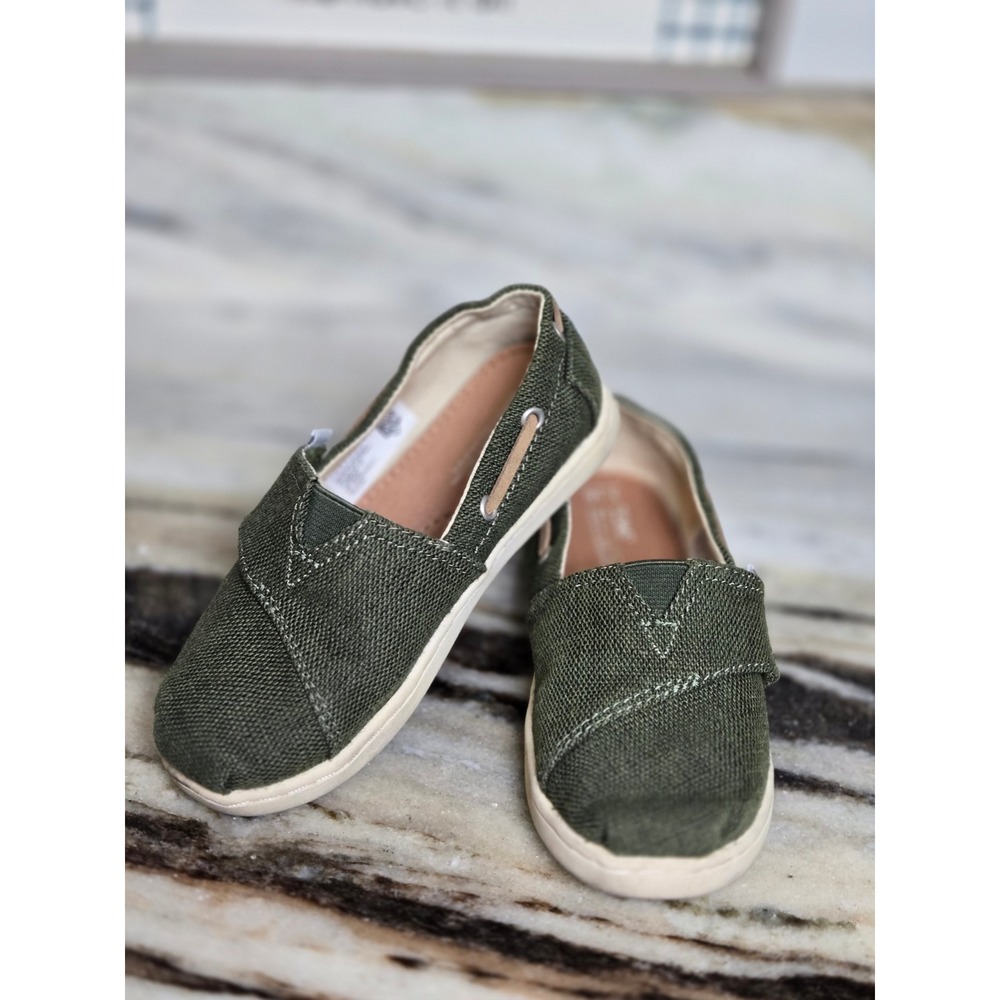 TOMS Kids Bimini Olive Green Canvas Slip On Boat Shoes‎ Hook Loop Size 10